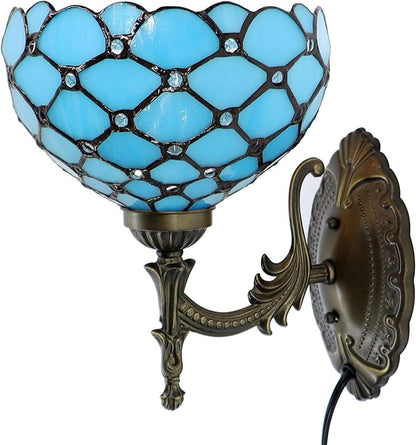 Small Tiffany Wall Sconce Lamp Stained Glass 8X10.5X11 Inch Plug in Sconce Bedside Light for Hallway Bedroom (Sea Blue Beads)