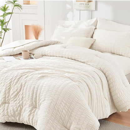 HYMOKEGE Ivory Queen Comforter Set Seersucker 7 Pieces, All Season Luxury Bed in a Bag for Bedroom, Bedding Set with Comforters, Sheets, Pillowcases & Shams