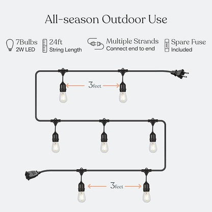 Brightech Ambience Pro - Waterproof LED Outdoor String Lights - 7 Hanging, Dimmable 2w Vintage Edison Bulbs - 24 Ft Commercial Grade Patio Lights Create Cafe Ambience in Your Backyard - Black