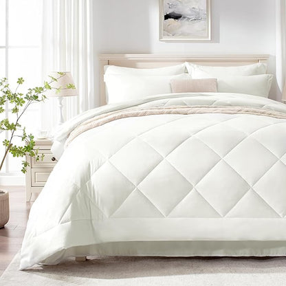 Love's cabin Twin Comforter Set Ivory, 5 Pieces Twin Bed in a Bag, All Season Bedding Sets with 1 Comforter, 1 Flat Sheet, 1 Fitted Sheet, 1 Pillowcase and 1 Pillow Sham