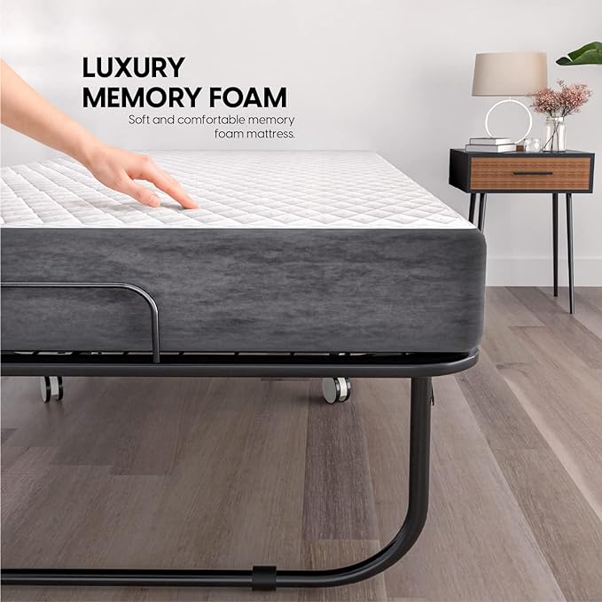 EconoHome Folding Bed with Mattress - 75x38 Twin Size Frame - Portable Rollaway Guest Bed with 5-inch Memory Foam Mattress - Space-Saving Foldable Design for Easy Storage