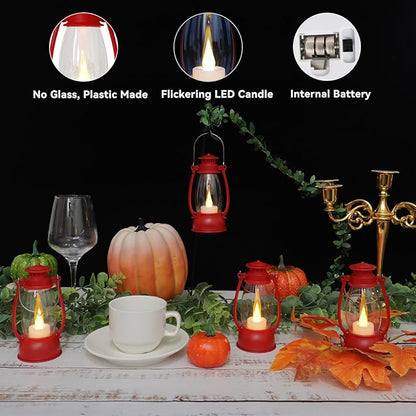 12Pcs Red Mini Lanterns for Centerpiece – Vintage Lantern Decor for Christmas, Halloween, Weddings & Western Party – Hanging Ornaments Bulk with Flicker LED Candle for Cowgirl, Camping Decor