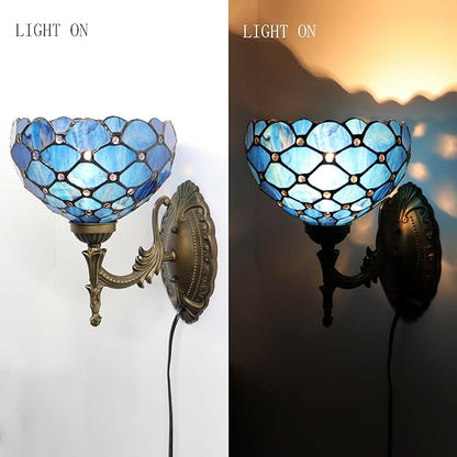Tiffany Sconce Lamp Stained Glass Wall Lamp,8X10.5X11 Inch Plug in Wall Bedside Light for Hallway Bedroom (Blue Beads)