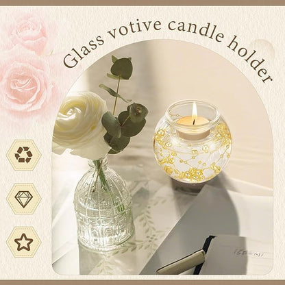 8 Pcs Glass Clear Votive Floating Candle Holders with 8 Pcs Bright Pearl String Beads, Tealight Bowl Candle Holder Bulk for Wedding Centerpiece Home Bridal Shower Party Decor (Gold)
