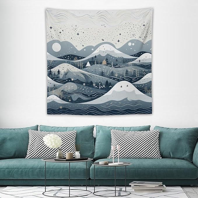 Snow Mountain Scandinavian Winter Tapestries Rustic Country Holiday Tapestries for Bedroom Aesthetic Landscape Tapestry Wall Art for Living Room Dorm 60"x60" Tapestries Winter Snowflake Decorative