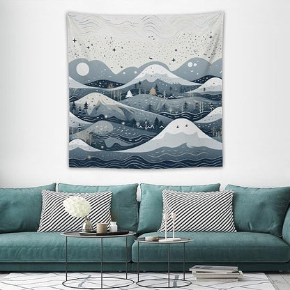 Snow Mountain Scandinavian Winter Tapestries Rustic Country Holiday Tapestries for Bedroom Aesthetic Landscape Tapestry Wall Art for Living Room Dorm 60"x60" Tapestries Winter Snowflake Decorative