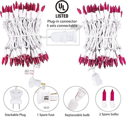 Christmas Pink Mini String Lights - 100 Count 25 Feet Detachable Incandescent Bulb Waterproof Fairy Lights Plug in for Indoor Outdoor Party Patio Xmas Tree Valentine's Day Decoration, White Wire