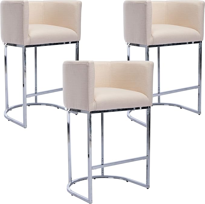 Modern Counter Height Linen Upholstered Bar Stools Set of 3, 29" Kitchen Counter Island Stools Bar Chairs with Chrome Finish Metal Frame for Kitchen Island, Cream