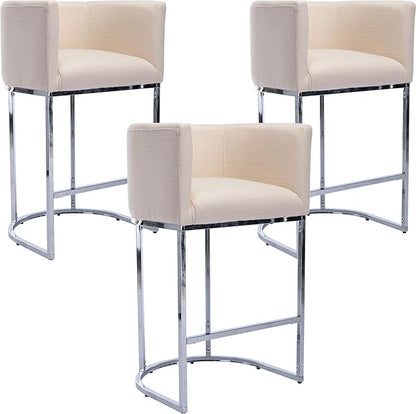 Modern Counter Height Linen Upholstered Bar Stools Set of 3, 29" Kitchen Counter Island Stools Bar Chairs with Chrome Finish Metal Frame for Kitchen Island, Cream