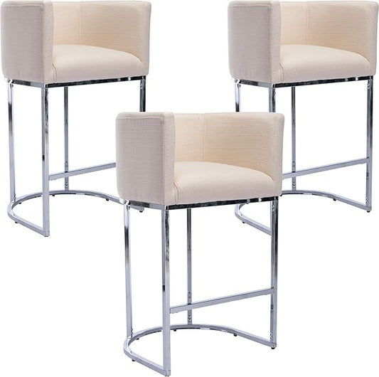 Modern Counter Height Linen Upholstered Bar Stools Set of 3, 29" Kitchen Counter Island Stools Bar Chairs with Chrome Finish Metal Frame for Kitchen Island, Cream