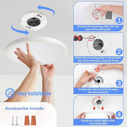 SunRider 2-Pack LED Flush Mount Ceiling Light Fixture, 5000K Daylight White, 2400LM, 12 Inch 24W 240W Equiv. Round Flat Ceiling Lamp, Non-Dimmable