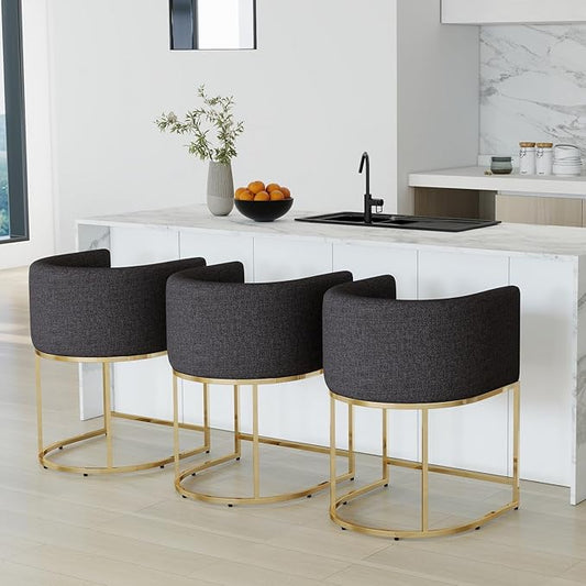 Modern Counter Height Linen Upholstered Bar Stools Set of 3, 24" Kitchen Counter Island Stools Bar Chairs with Gold Metal Frame for Kitchen Island, Charcoal
