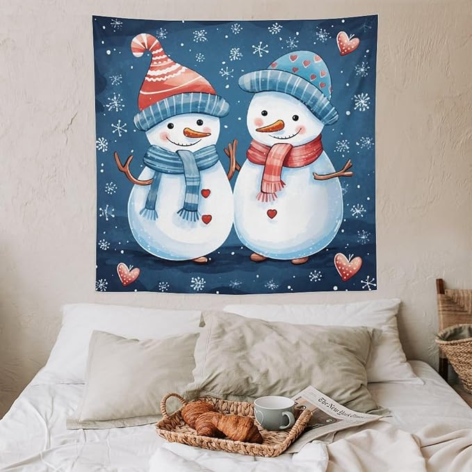 MaSiledy Tapestry Snowman Couple Vintage Aesthetic Tapestry Wall Hanging Christmas Snowman Tapestry As Wall Art Wall Hanging Decor Home Decoration for Bedroom Living Room Dorm Landscape 60"x60"