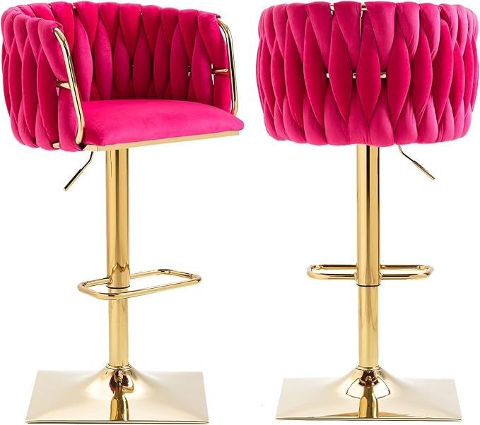 NIOIIKIT Bar Stool Set of 2, Velvet Upholstered Swivel Barstool, Counter Height Chair with Hand Woven Backrest, Dining Barstool with Footrest, Bar Chair for Kitchen Island, Pub (Rose Red)