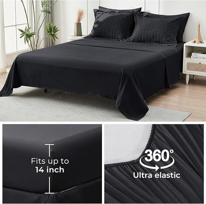 HYMOKEGE Black Twin XL Comforter Set Seersucker 5 Pieces, All Season Luxury Bed in a Bag for Bedroom, Bedding Set with Comforters, Sheets, Pillowcase & Sham