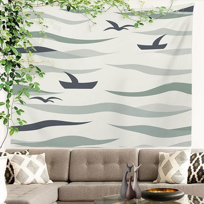 Batmerry Serene Seascape Waters Tapestry, Nautical Maritime Wall Art Hanging Decoration Polyester Fiber White Ruffled Around for Dorm Room Bedroom Living Room, 51.2x59.1 inches
