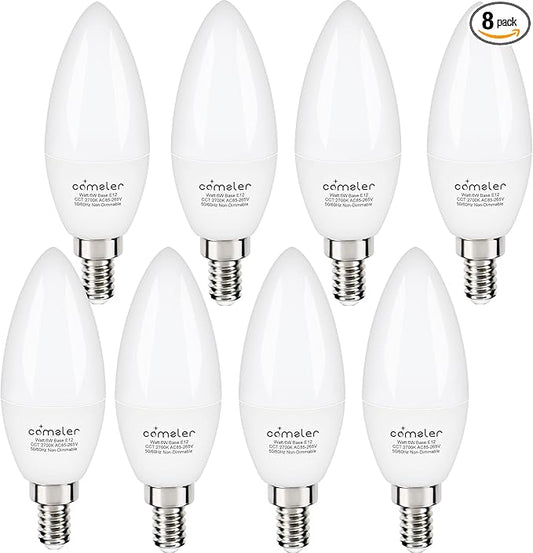 comzler 8 Pack Candelabra LED Light Bulbs E12 Base 60 Watt Equivalent, 2700K Warm White B11 Chandelier E12 Small Base Type B Light Bulbs Shape, 600 Lumens Ceiling Fan Light Bulbs, No-Dimmable