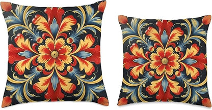 Traditional Norwegian Rosemaling Folk Art Throw Pillow