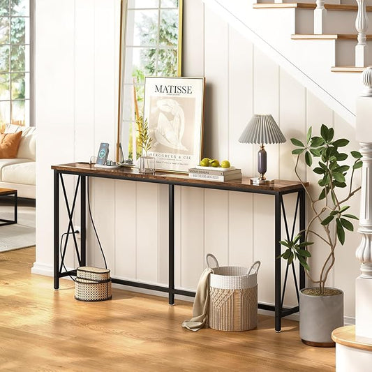 SUPERJARE 70 Inch Console Table with Outlets and USB-C Port, Extra Long Behind Couch Sofa Table with X-Shaped Design, Narrow for Entryway, Living Room, Metal Frame, Wooden Top, Rustic Brown