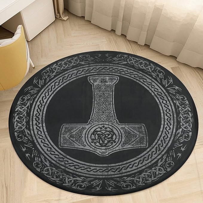 Norse Mythology Viking Thors Hammer Scandinavian Ultra Soft Non-Slip Area Rugs Indoor Coral Velvet Floor Mat Short Flannel Carpet for Living Room Bedroom Dining Room