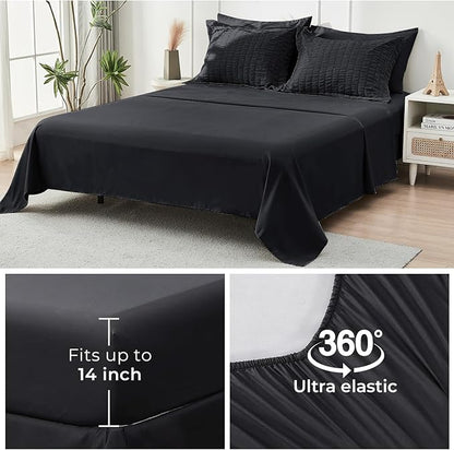 HYMOKEGE Black Queen Comforter Set Seersucker 7 Pieces, All Season Luxury Bed in a Bag for Bedroom, Bedding Set with Comforters, Sheets, Pillowcases & Shams