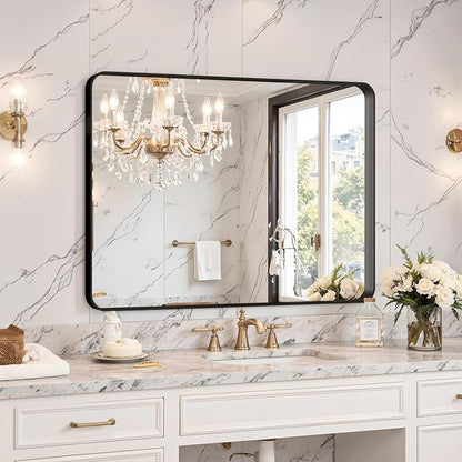 Kosmonia 32x24 Bathroom Vanity Mirror for Wall, Aluminum Framed, Farmhouse Rectangle, Anti-Rust, HD Reflection Anti-Desilvering, Distortion Free, Tempered and Shatter-Proof Wall Mounted Mirror, Black