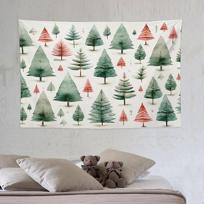 Vintage Christmas Tree Watercolor Wall Tapestry Winter Holiday Wall Hanging Wall Tapestry Aesthetic Landscape Tapestry Wall Decor for Bedroom Living Room Dorm 40"x60" Christmas Family Party