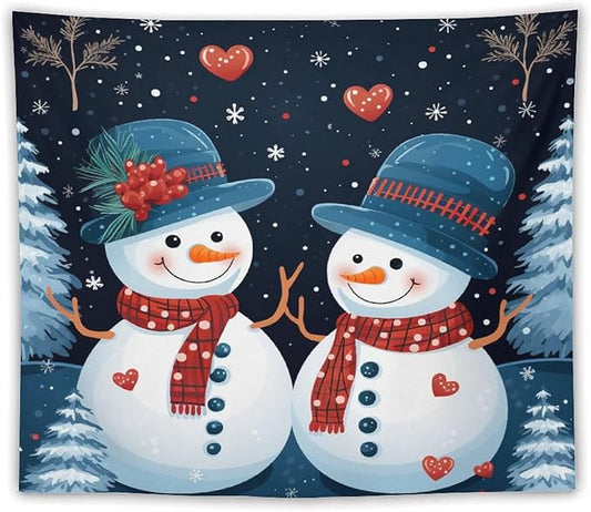 Tapestry Snowman Couple Wall Hanging Wall Tapestry Aesthetic Winter Snowflake Cute Cartoon Funny Snowman Wall Tapestries Wall Hanging Decor Tapestry for Bedroom Aesthetic Alt Room Landscape 50"x60"