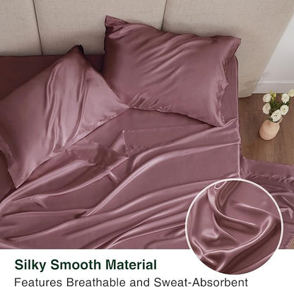 Love's cabin Satin Queen Sheets Set - 4 Piece Rose Taupe Silky Bed Sheets Set with Deep Pocket, Luxury Silk Feel Satin Queen Size Sheet Set (1 Flat Sheet,1 Fitted Sheet,2 Pillow Cases)