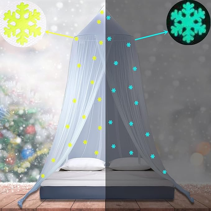 Eimilaly Princess Bed Canopy Glow in The Dark, Christmas Snowflakes Bed Canopy for Girls Room Decor, Encrypted Fabric, Pink