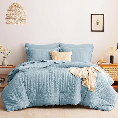 CozyLux Full Size Comforter Sets with Sheets Seersucker 7 Pieces Light Blue Bed in a Bag Textured Luxury Soft Bedding Set with Down Alternative Comforter, Sheets, Pillowcases & Shams for All Seasons