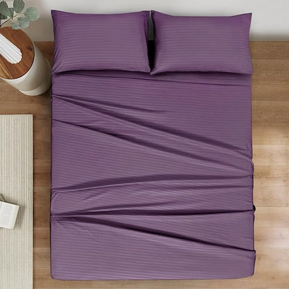 Mejoroom Striped King Size Bed Sheet Set - Hotel Luxury 1800 Bedding Sheets & Pillowcases - 15" Deep Pocket Fitted Sheet, Soft, Breathable, Wrinkle & Fade Resistant - 4 Piece(02-Purple)