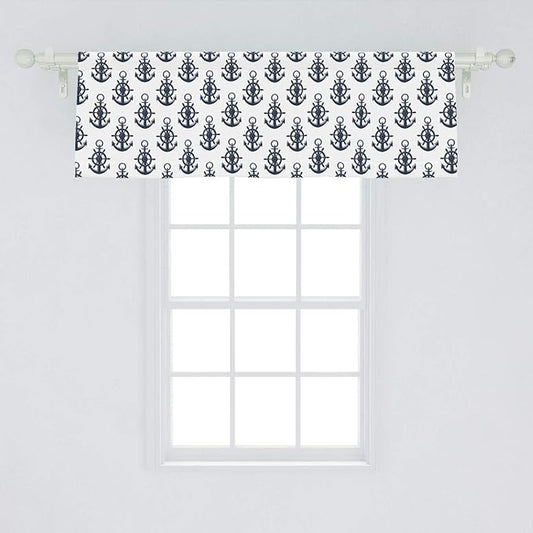 Lunarable Vintage Nautical Tattoo Window Valance, Sea Anchor Maritime Monochrome Simplistic Pattern, Curtain Valance for Kitchen Bedroom Decor with Rod Pocket, 54" X 18", Blue White