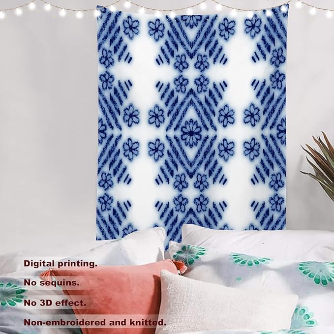 Batmerry Blue Art Flower Tapestry,Blue White Ceramic Glaze Tie Dye Wall Art Hanging Decoration Polyester Fiber White Ruffled Around for Dorm Room Bedroom Living Room, 59.1x39.4 inches