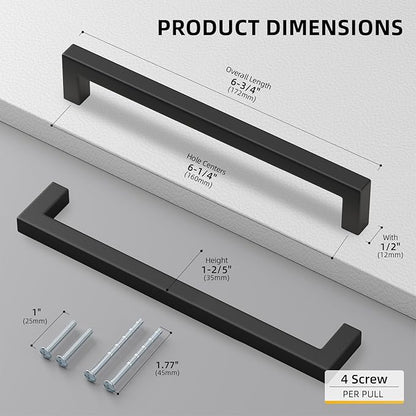 goldenwarm 60 Pack 6-1/4 Inch Black Cabinet Handles Matte Black Drawer Pulls Stainless Steel Cabinets Hardware Square Bar Modern for Kitchen Bathroom Cupboard