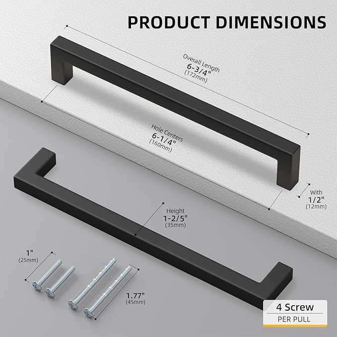 goldenwarm 35 Pack 6-1/4 Inch Black Cabinet Handles Matte Black Drawer Pulls Stainless Steel Cabinets Hardware Square Bar Modern for Kitchen Bathroom Cupboard