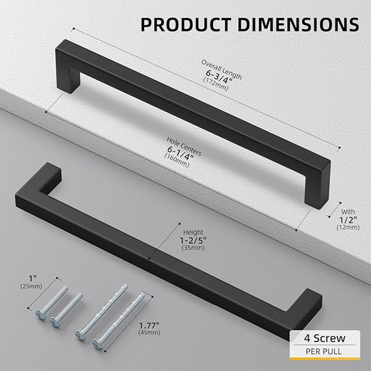goldenwarm 45 Pack 6-1/4 Inch Black Cabinet Handles Matte Black Drawer Pulls Stainless Steel Cabinets Hardware Square Bar Modern for Kitchen Bathroom Cupboard