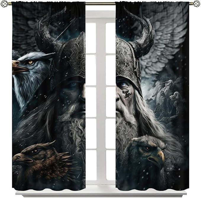 Fantasy Norse Viking Curtains,Cool Gothic Vintage Vikings Mystical Symbol Eagle Window Treatments Thermal Insulated Rod Pocket Blackout Drapes for Bedroom 2 Panels 54L x 21W