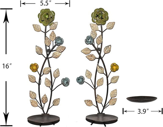 Wall Sconces Candle Holder Set of 2, Antique White Leaf and Flower Branch Wall Mount Hanging Metal Wall Candle Holder Candle Sconce for Living Room Dining Room