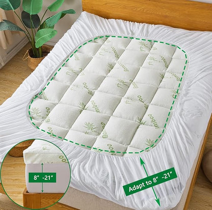 Bamboo_Viscose Mattress Topper Twin Size, Cooling Extra Thick Breathable Mattress pad, 8-21”Deep Pocket Soft Quilted Fitted Mattress Cover with Down Alternative Fill