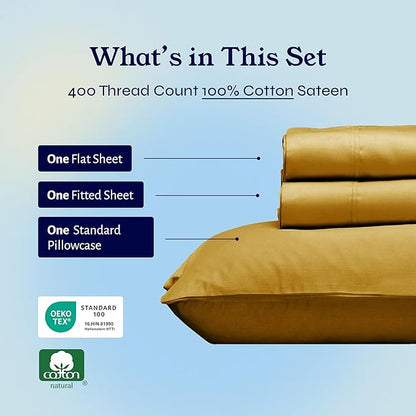 California Design Den Twin Sheets Set - Soft 400 Thread Count Sateen, Natural 100% Cotton Sheets with Deep Pockets, Cooling and Durable Bedding Set - Golden Mustard