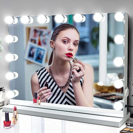 M MIVONDA Vanity Makeup Mirror with Lights: Hollywood Mirror with 15LED Bulbs - Large 23”x19” Desk Mirror for Wall, Dimmable 3 Lighting Modes, Plug-in and USB Charger Port, White