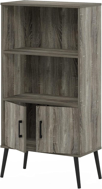 Furinno MIDCENTURY Storage Shelves, Storage Cabinet with Doors and Shelves, Bookshelf with Legs, for Living Room, Home Office, Grey Oak