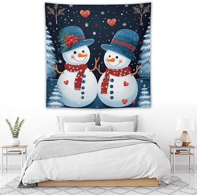 Tapestry Snowman Couple Wall Hanging Wall Tapestry Aesthetic Vintage Christmas Cute Snowman Tapestry Wall Hanging for Bedroom Aesthetic Home Decor Landscape 60"x60" Christmas Family Party