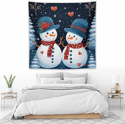 Tapestry Snowman Couple Wall Hanging Wall Tapestry Aesthetic Vintage Christmas Cute Snowman Tapestry Wall Hanging for Bedroom Aesthetic Home Decor Landscape 60"x60" Christmas Family Party