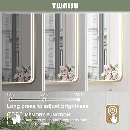 60x36 Inch LED Bathroom Mirror with Lights, Gold Metal Framed LED Mirror for Bathroom, 3 Colors and Stepless Dimmable Wall Mounted Lighted Bathroom Vanity Mirror, Anti-Fog, Memory