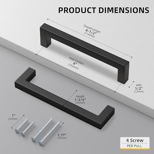 goldenwarm 60 Pack 4 Inch Black Cabinet Handles Matte Black Drawer Pulls Stainless Steel Cabinets Hardware Square Bar Modern for Kitchen Bathroom Cupboard
