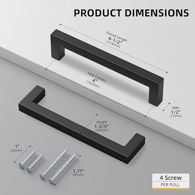 goldenwarm 100 Pack 4 Inch Black Cabinet Handles Matte Black Drawer Pulls Stainless Steel Cabinets Hardware Square Bar Modern for Kitchen Bathroom Cupboard