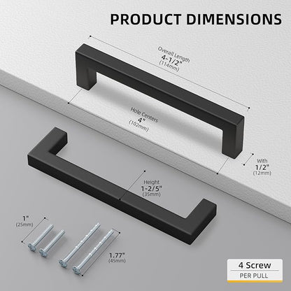 goldenwarm 100 Pack 4 Inch Black Cabinet Handles Matte Black Drawer Pulls Stainless Steel Cabinets Hardware Square Bar Modern for Kitchen Bathroom Cupboard