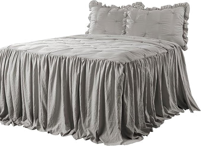 Lush Decor Ravello Pintuck Ruffle Skirt Bedspread Set - Luxe 3 Piece Ruffled Bedding Set - Traditional Glam & Farmhouse Inspired Bedroom Decor - King, Light Gray